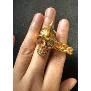 Alexander McQueen Ring Double Gold Skull and Chain Mohawk Italy Size 17 15